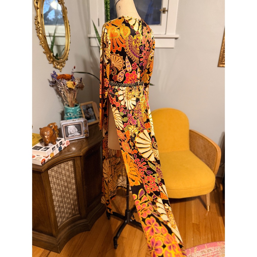 Vintage 1970s Maxi Tunic Dress High Slit Satin Boho Floral Print Long Sleeve - M - Picture 7 of 10